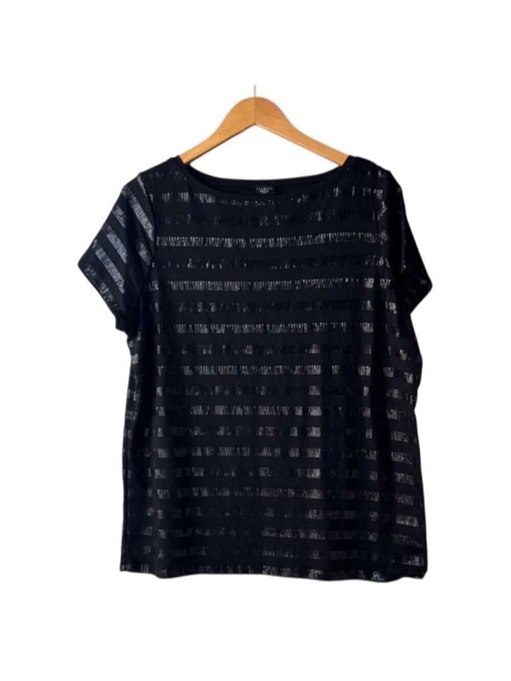 Talbots Black Sequin Striped Short Sleeve Top 1X